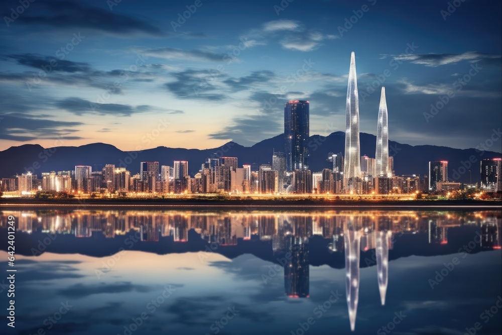 Seoul City Nightscape: Stunning Skyline View of the Han River Reflecting Skyscrapers and Iconic Buildings in South Korea's Architectural Hub