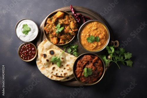 Indian Meal. Assorted Indian Cuisine Dishes with Flavorful Spices, Curries, and Meats. Overhead View on Grey Background with Copy Space