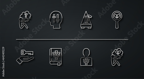 Set line Head with question mark, Solution to the problem, Broken heart or divorce, Psychology, Psi, book,, and Metronome pendulum icon. Vector