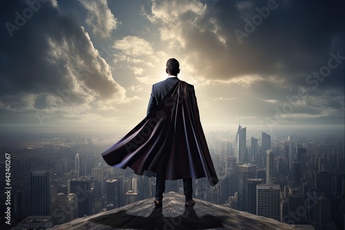 Superhero Businessman with a Vision. Achieving Leadership, Power and Success while Looking at City Skyscraper Landscape