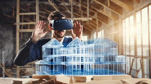 virtual reality architecture 3d construction house building model using with goggle vr headset,architect male using advance technology testing system and construction design on new project vr