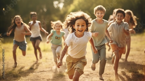 cheerful children chasing each other while having fun playing
