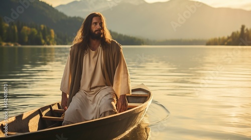Jesus Christ on the lake in a boat photo