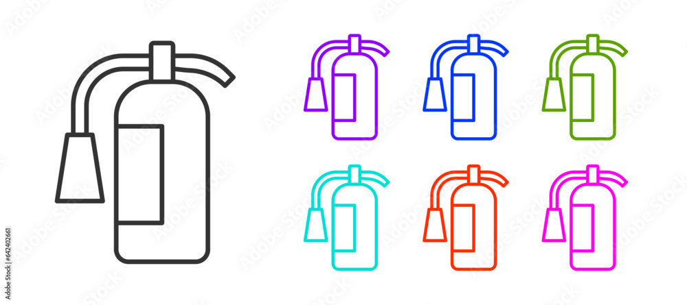 Fototapeta premium Black line Fire extinguisher icon isolated on white background. Set icons colorful. Vector