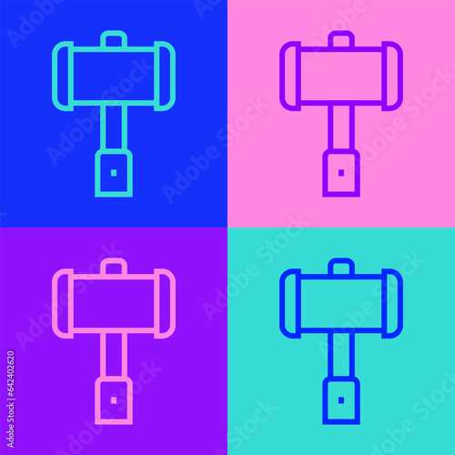 Pop art line Medieval battle hammer icon isolated on color background. Vector