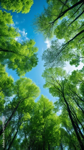 Carbon Neutrality Concept: Sky & Trees from Below