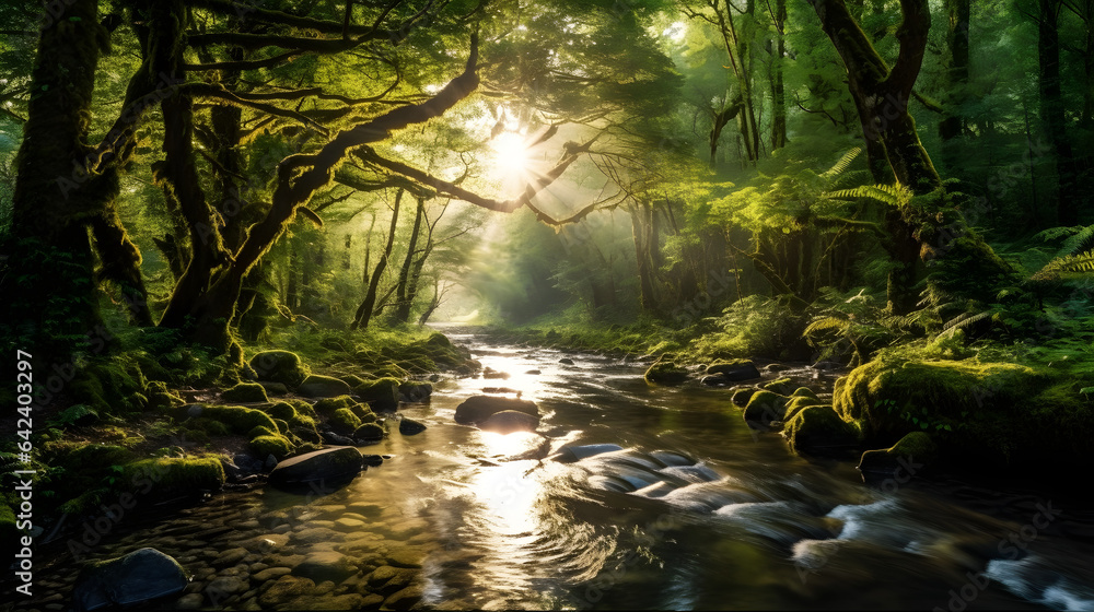 A scenic river winding through a dense forest, with sunlight filtering through the trees