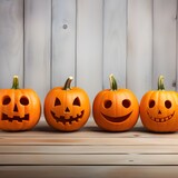Spooky cute Halloween Pumpkins with a wooden background