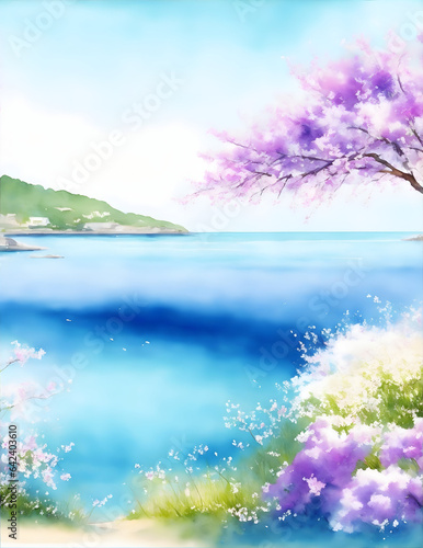 Spring watercolor sea view background