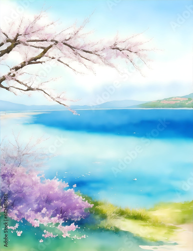 Spring watercolor sea view background