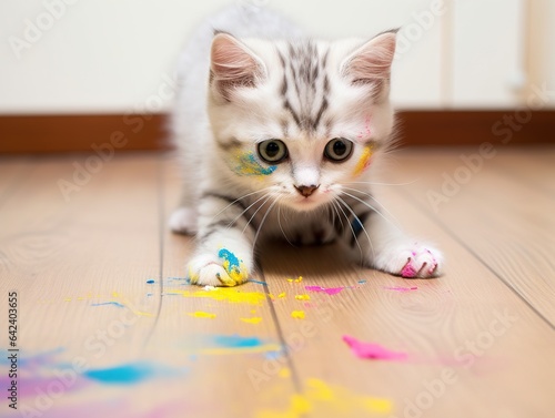 small kitten playing with colorful paint on floor © Ирина Малышкина