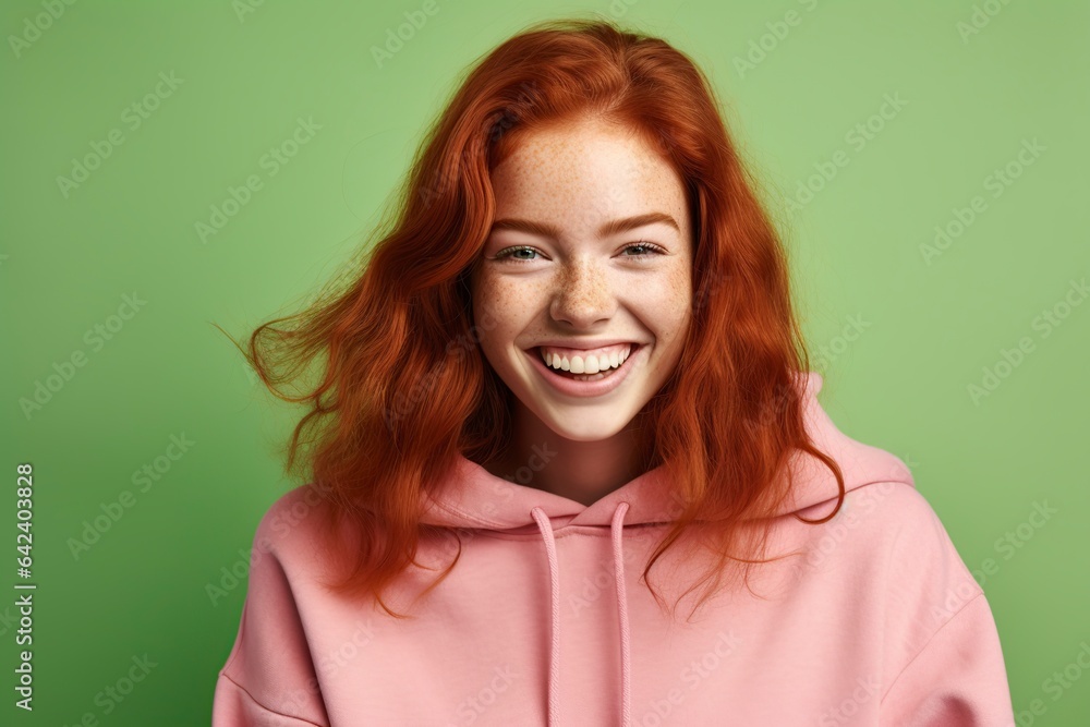 Fototapeta premium cute smiling freckled redhead girl in a fashionable dress