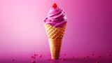 ice cream in waffle cone with  viva magenta background