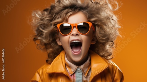 Child in sunglasses and retro style clothes is singing a song. Generative AI photo