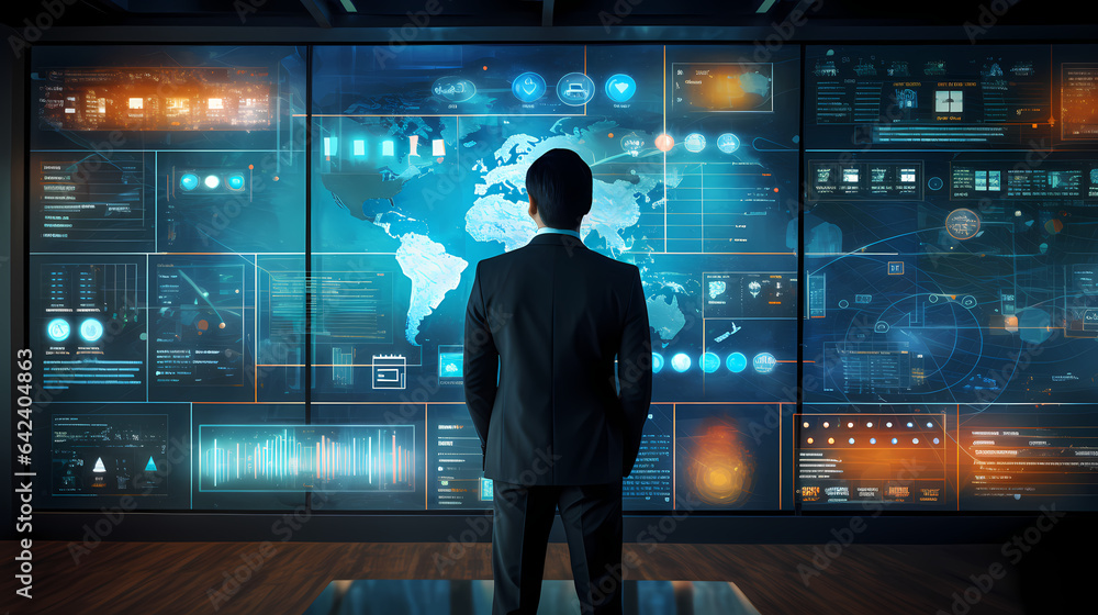 Navigating Data Complexity: Businessman's Analysis on a Virtual Screen Navigating Data Complexity: Businessman's Analysis on a Virtual Screen