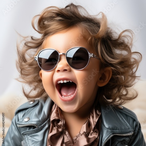 Child in sunglasses and retro style clothes is singing a song. Generative AI photo