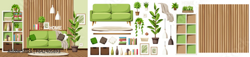 Living room interior with a green sofa, a shelving, wooden slats, white lamps, and houseplants. Cozy modern interior design. Furniture set. Interior constructor. Cartoon vector illustration