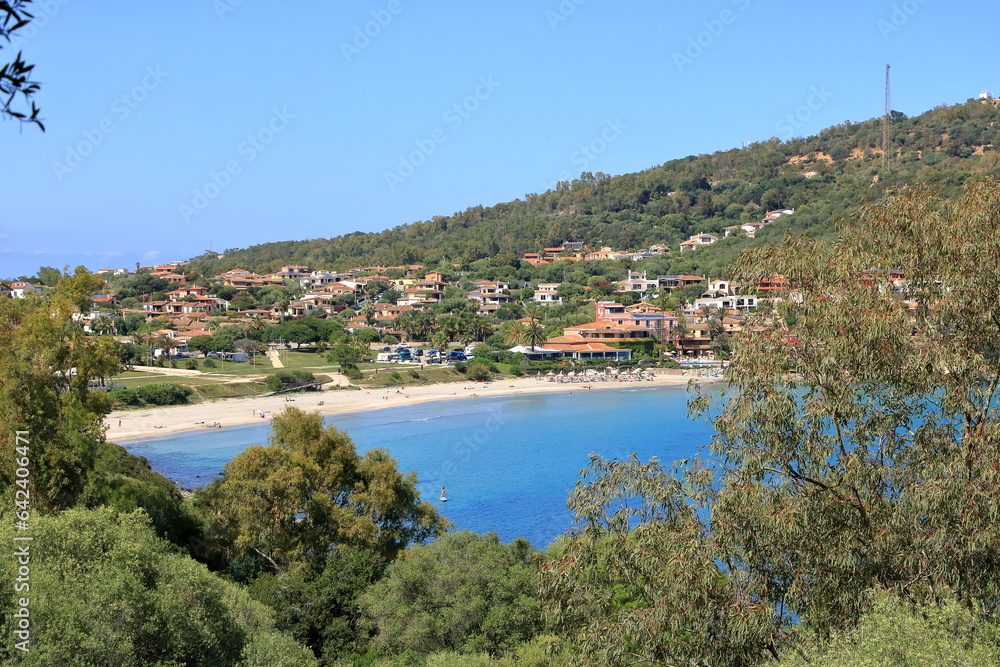 view from the San Gemiliano tower on the rocky coast on the blue sea. Sardinia, Italy. City of Arbatax