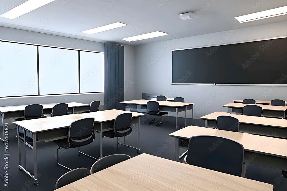 An empty classroom with neatly arranged desks and chairs Ai generated An empty classroom with neatly arranged desks and chairs Ai generated