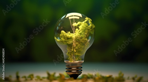 Renewable Energy. Environmental protection, renewable, sustainable energy sources. The green world map is on a light bulb that represents green energy Renewable energy that is important to the world