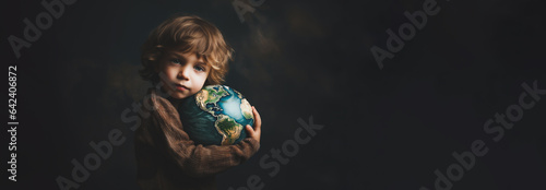 Young child hugging earth, save planet, earth day, sustainable living, ecology environment, climate emergency action, world environment day concept, illustration for global warming content