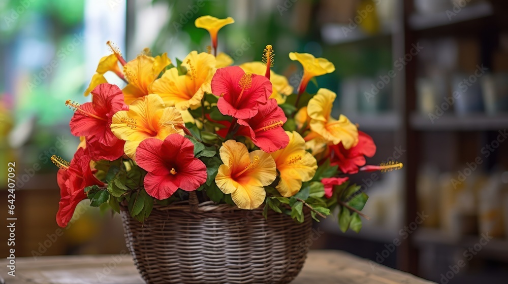 Red and Yellow Hibiscus flowers in a Basket, Isolated in a Flower Store. Red Hibiscus. Mother's day concept with a copy space. Valentine day concept with a copy space.