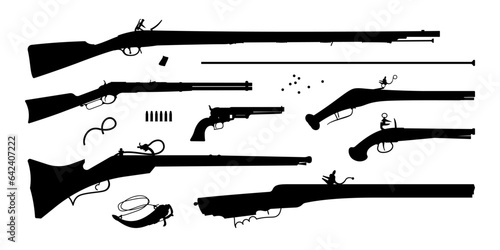Weapons silhouette set. Antique guns on white. Vector illustration