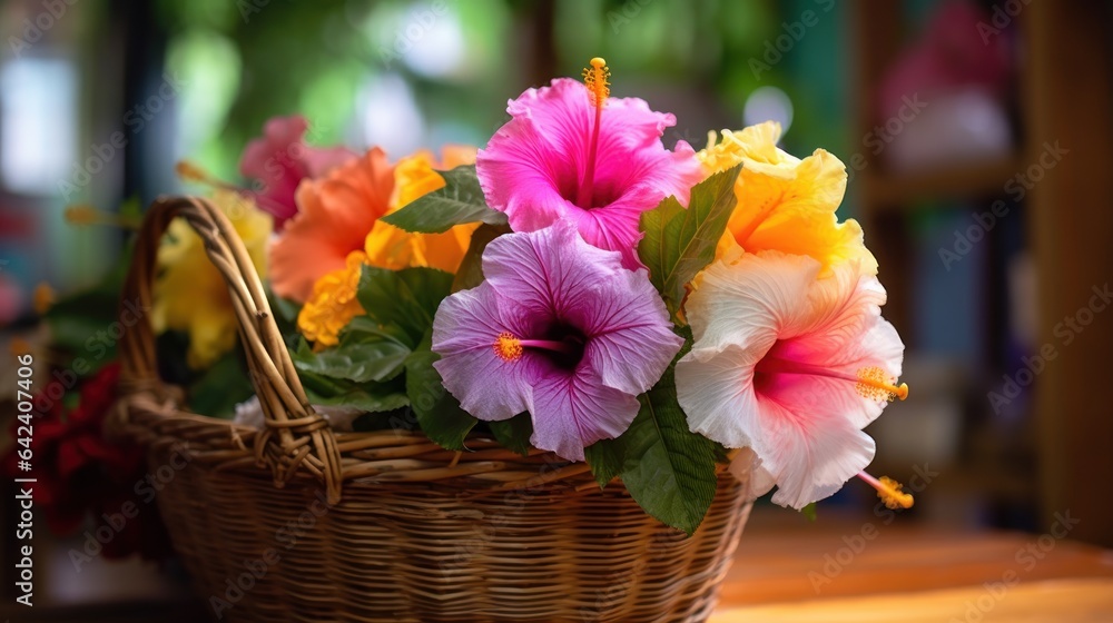 Colorful Hibiscus flowers in a  wicker Basket, Isolated in a Flower Store. Mother's day concept with a copy space. Valentine day concept with a copy space.
