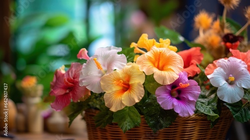 Colorful Hibiscus flowers in a wicker Basket, Isolated in a Flower Store. Mother's day concept with a copy space. Valentine day concept with a copy space.