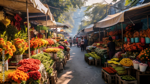 A vibrant flower market with stalls filled with bouquets of colorful blooms