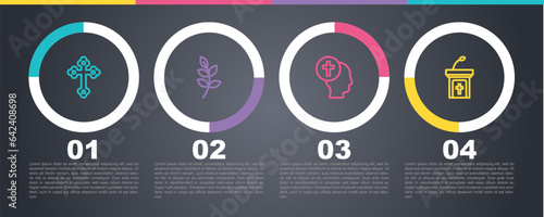 Set line Christian cross, Willow leaf, Priest and Church sermon tribune. Business infographic template. Vector