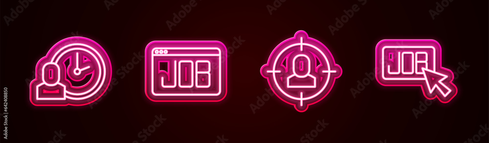 Set line Work time, Search job, Head hunting and . Glowing neon icon. Vector Set line Work time, Search job, Head hunting and . Glowing neon icon. Vector