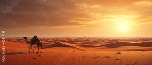 sandy desert on contrast with blue sky  and camel