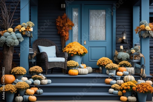 Cozy house porch decor style, autumn style with pumpkins and flowers in pastel colors