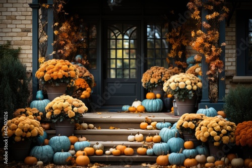 Autumn home decor design halloween style of fall leaves and pumpkins