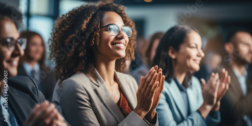 Group of people applauding together in business meeting