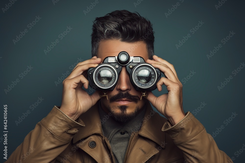 man with binocular in front of a camera in the studio man with binocular in front of a camera in the studio