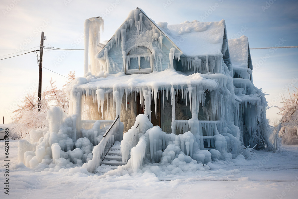 Fototapeta icy house, cold winter, climate change