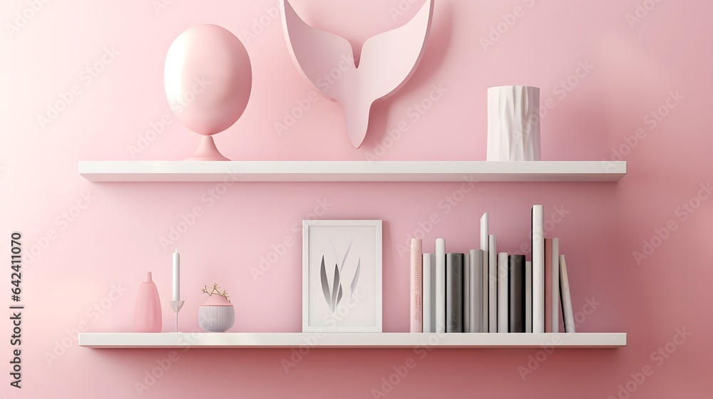 Pink virtual background with wooden bookshelf