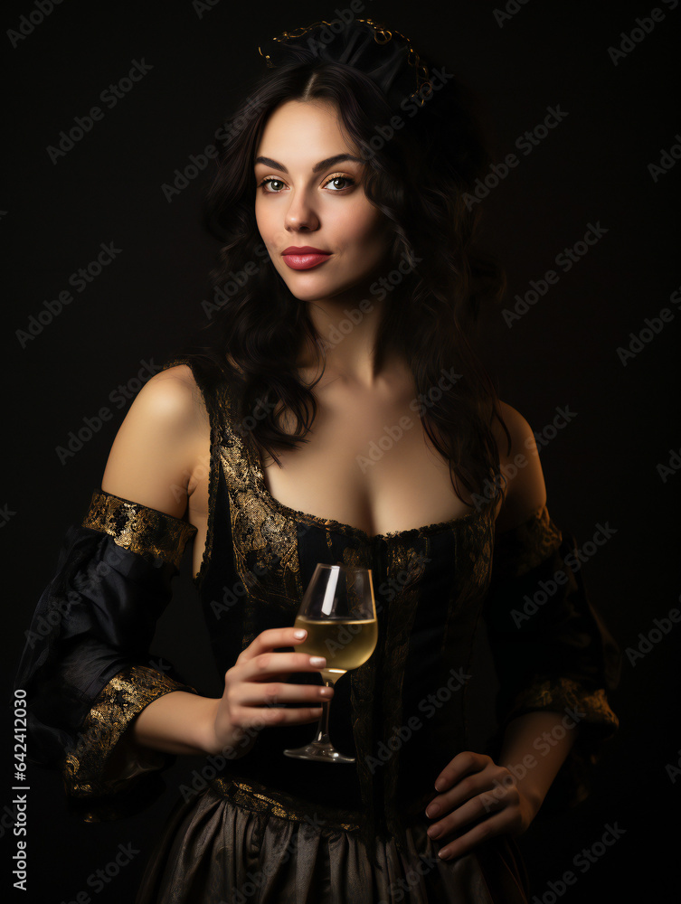 Partying woman portrait with Medieval Castle theme style. Isolated black background.. Generative AI. Partying woman portrait with Medieval Castle theme style. Isolated black background.. Generative AI.