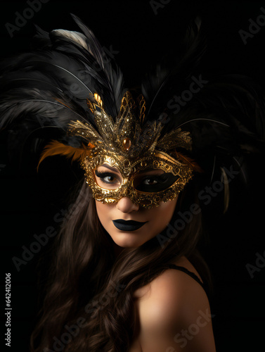 Partying woman portrait with Mardi Gras Masquerade theme style. Isolated black background.. Generative AI.