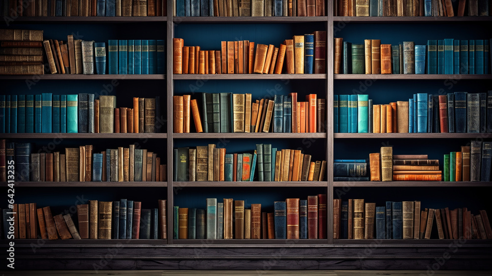 many different books on wooden shelves in library. many different books on wooden shelves in library.