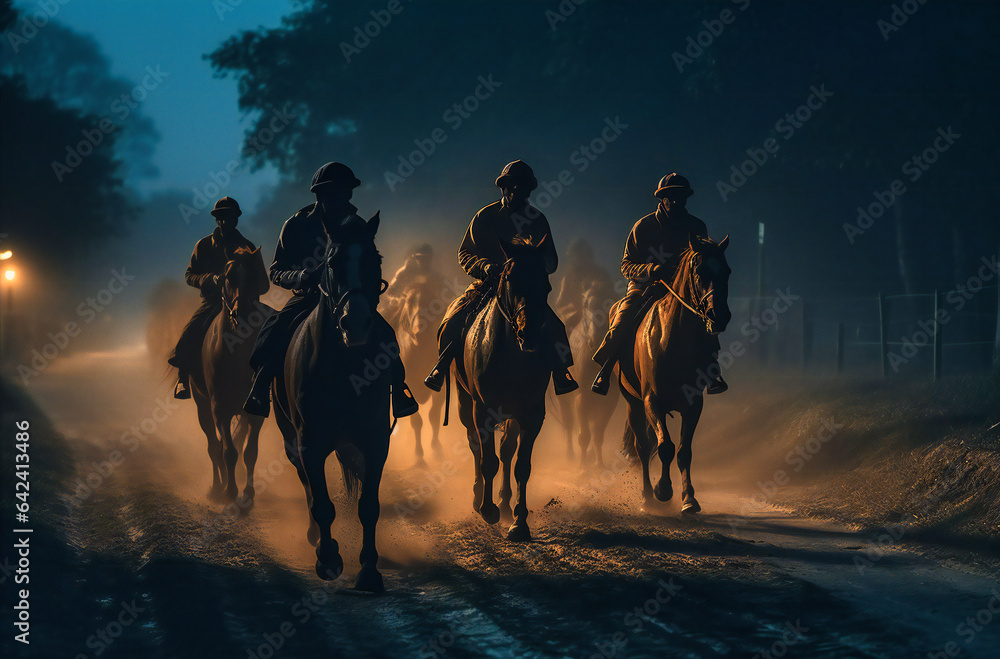 Horse Racing at Night: Horses Running on Dirt Road Stock Photo