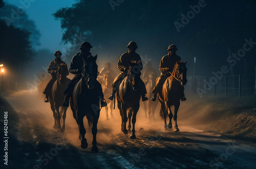 Horse Racing at Night: Horses Running on Dirt Road Stock Photo