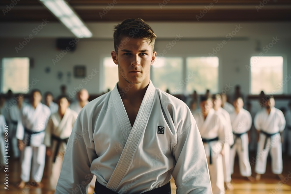 Fototapeta premium young man performing a karate asian martial arts training in a dojo hall