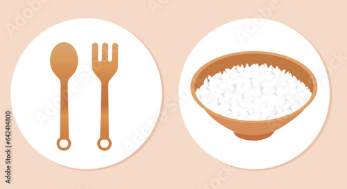 Spoon, fork and rice bowl on white circle signs vector illustration