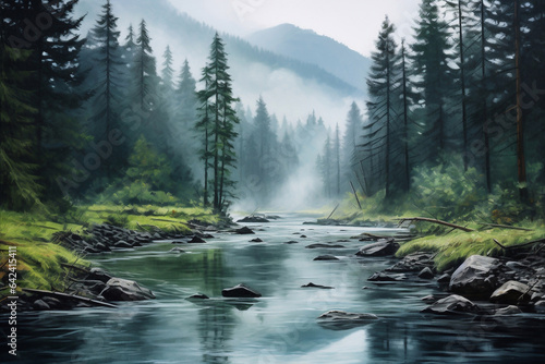 river in the forest with green trees in the background misty mountains