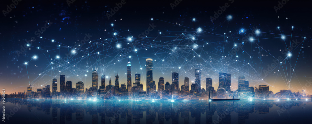 Naklejka premium Digital Smart City Pulse: Interconnected Data Points and Aesthetic Wave Design