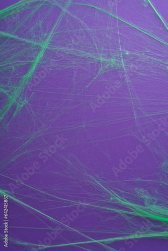 Chilling Halloween Vibe: Vertical top-down view scene of themed decor, sinister neon green spiderweb over violet backdrop, blank space for personalized text or advertising