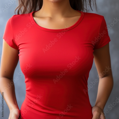 female wearing plain red tshirt for mock up view from chin to waist